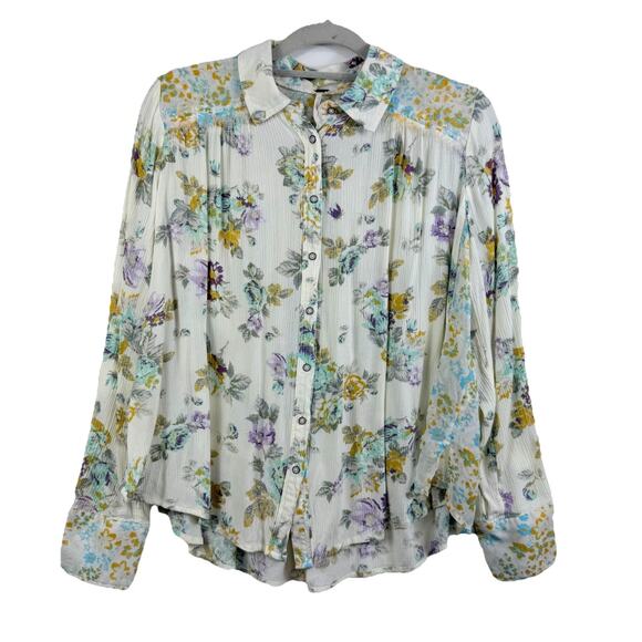 Free People Hold On To Me Printed Button Up Shirt Medium Mixed Media Floral Boho - Picture 1 of 16